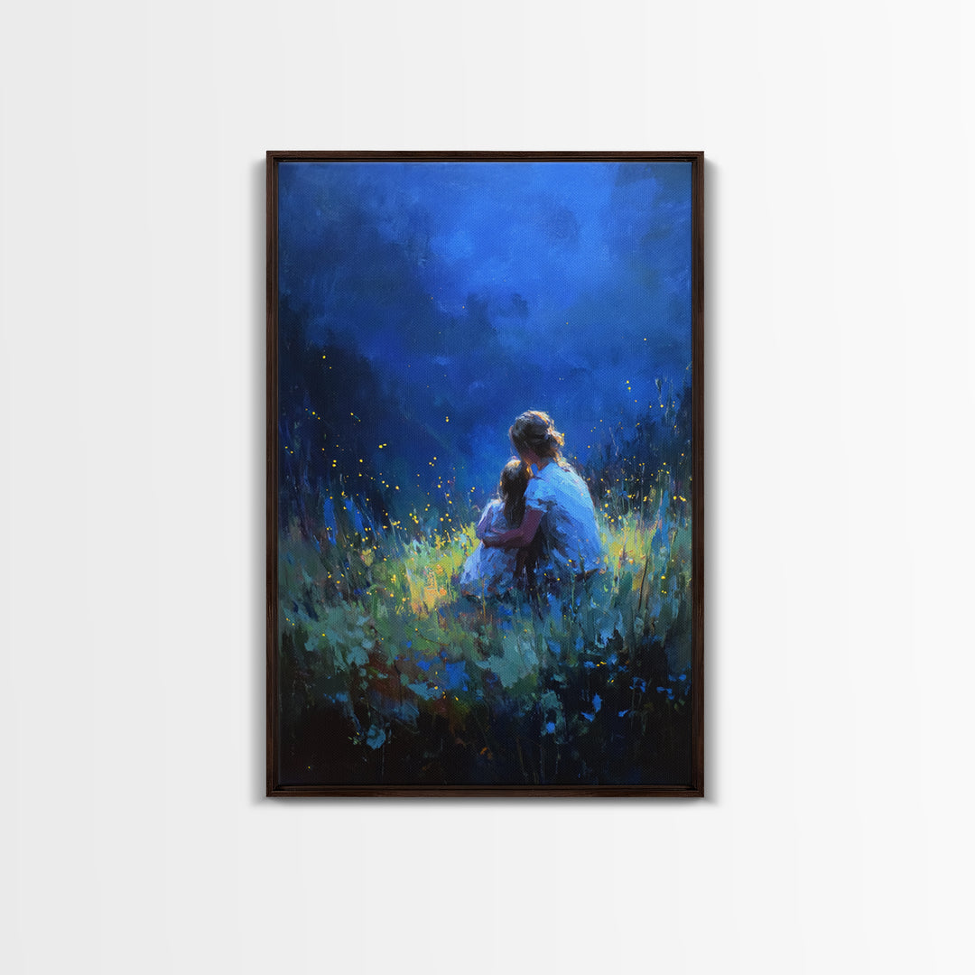 Mother And Child In Deep Blue Firefly Meadow Canvas Print, Moody Wall Art, Fantasy Decor, Nursery Wall Art, Gift For Her