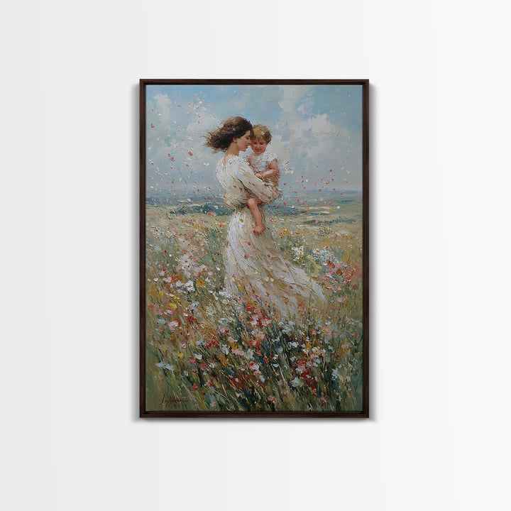 Windblown Mother And Baby In Flower Meadow Canvas Print, Feminine Wall Art, Nursery Decor, Fine Art Print, Gift For Mom, Home Decor