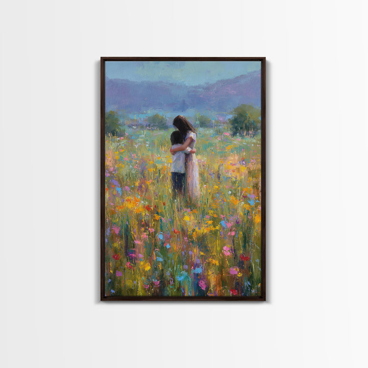 Mother And Child In Wildflower Meadow Wall Art, Impressionist Oil Painting Print, Floral Nursery Decor, Living Room Decor, Gift For Mom