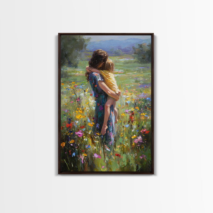 Mother Carrying Child Through Wildflower Meadow Canvas Print, Impressionist Floral Wall Decor, Nursery Art, Gift For Mom