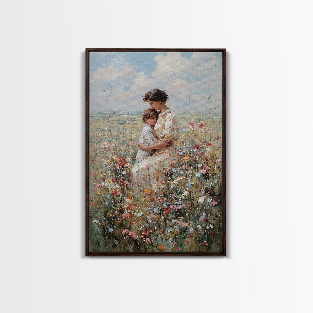 Seated Mother And Child In Coastal Wildflowers Canvas Print, Impressionist Floral Wall Art, Beach House Decor, Gift For Mom