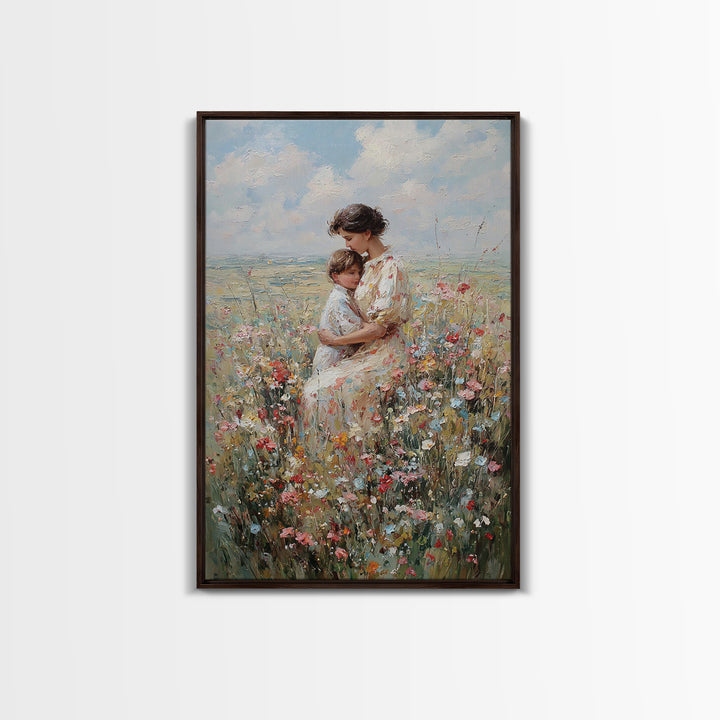 Seated Mother And Child In Coastal Wildflowers Canvas Print, Impressionist Floral Wall Art, Beach House Decor, Gift For Mom