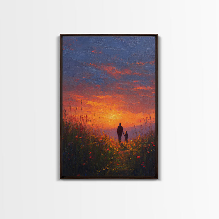 Father And Child Walking At Sunset Wall Art, Colorful Wildflower Meadow Canvas, Family Gift, Living Room Decor, Housewarming Gift