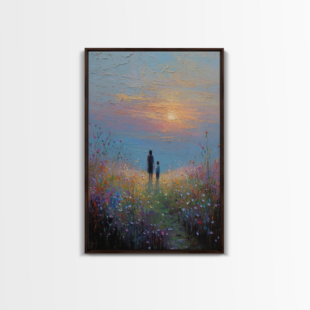 Parent And Child In Misty Wildflower Meadow Canvas Print, Textured Sunset Landscape Wall Art, Calming Living Room Decor Gift