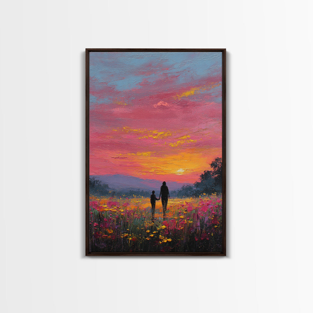 Father And Child Walking Through Pink Sunset Meadow Wall Art, Colorful Landscape Canvas Print, Family Gift, Bedroom Decor