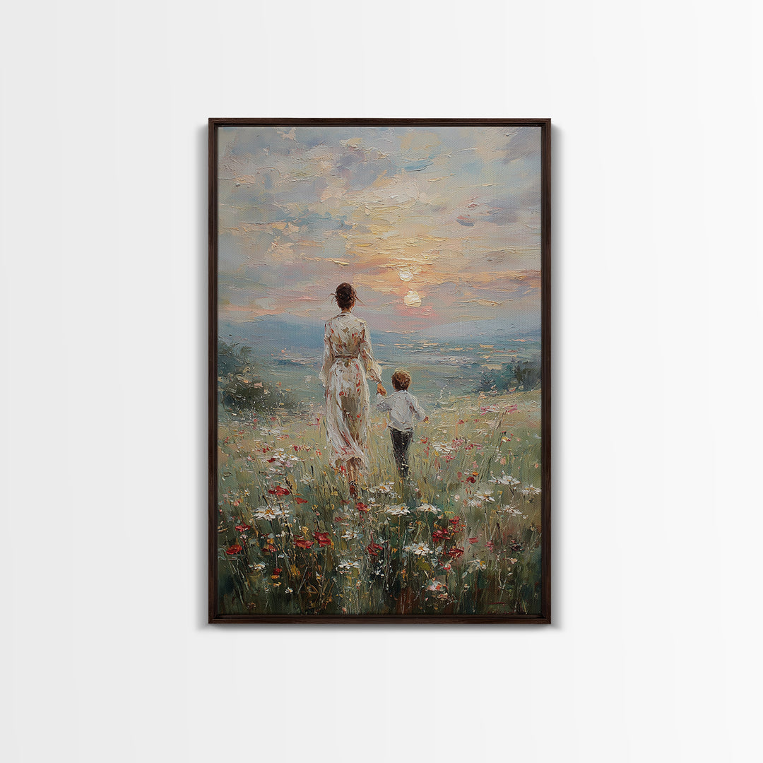 Mother And Son Walking In Wildflower Meadow Framed Canvas Print, Impressionist Sunset Wall Art, Family Gift, Warm Home Decor