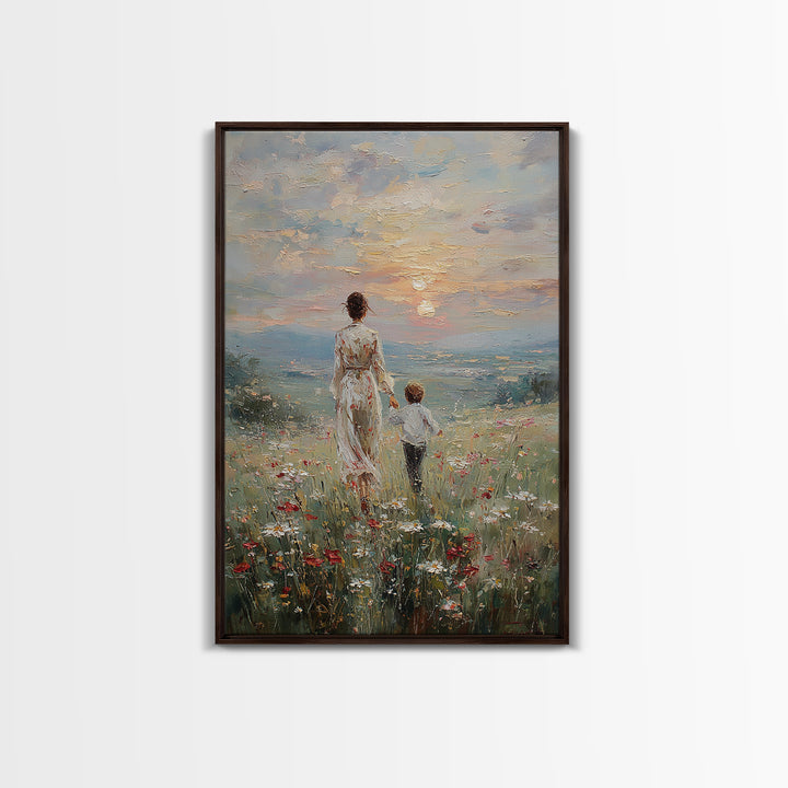 Mother And Son Walking In Wildflower Meadow Framed Canvas Print, Impressionist Sunset Wall Art, Family Gift, Warm Home Decor