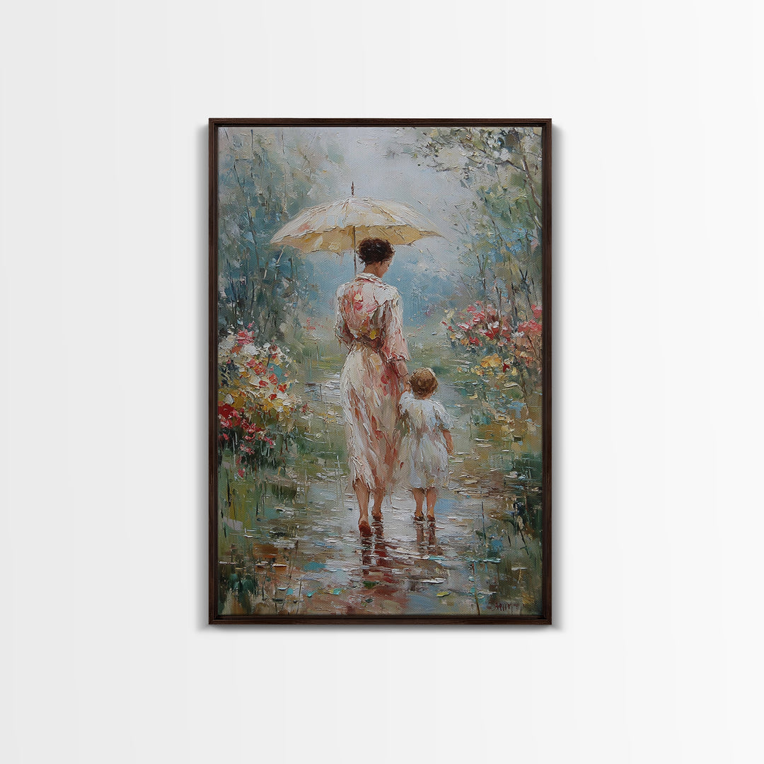 Mother And Child Under Umbrella In Rain Garden Wall Art, Impressionist Oil Painting, Nursery Decor, Gift For Mom, Living Room Decor