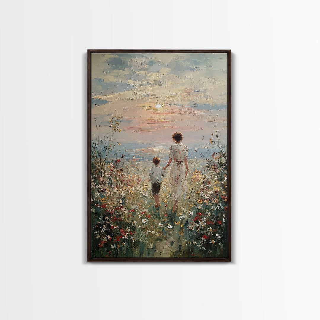 Mother And Child Sunset Seaside Wall Art, Wildflower Path Oil Painting, Coastal Decor, Gift For Mom, Living Room Art, Fine Art Print