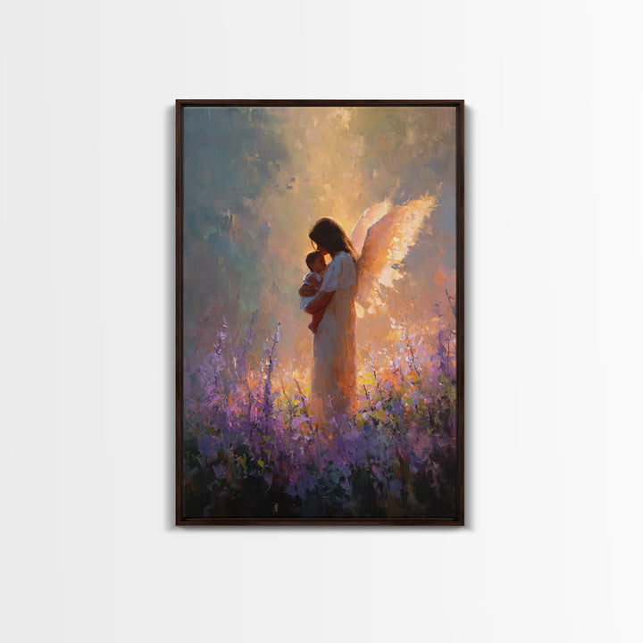 Glowing Guardian Angel With Baby In Lavender Field Canvas Print, Spiritual Wall Art, Christian Decor, Gift For Mom, Nursery Decor