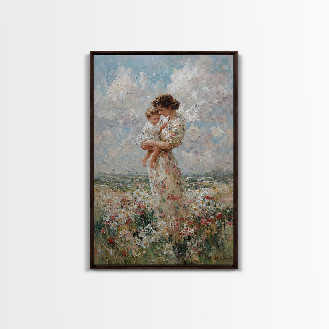 Mother Holding Baby In Daisy Meadow Wall Art, Impressionist Oil Painting, Nursery Decor, Gift For Mom, Fine Art Print, Living Room Decor