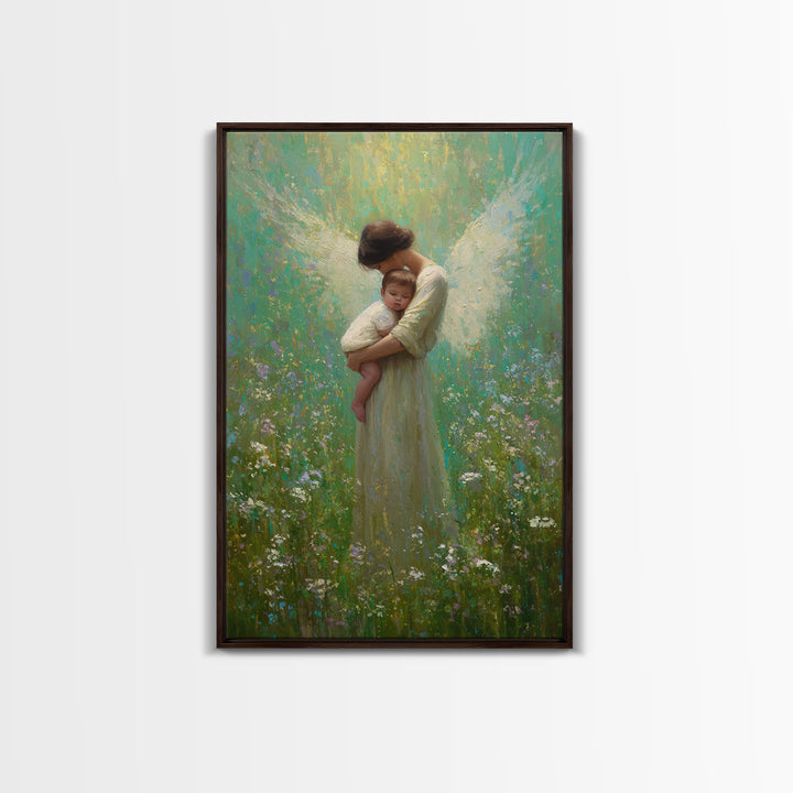 Soft Guardian Angel Holding Baby In Green Meadow Canvas Print, Spiritual Wall Art, Nursery Decor, Baby Shower Gift, Gift For Mom