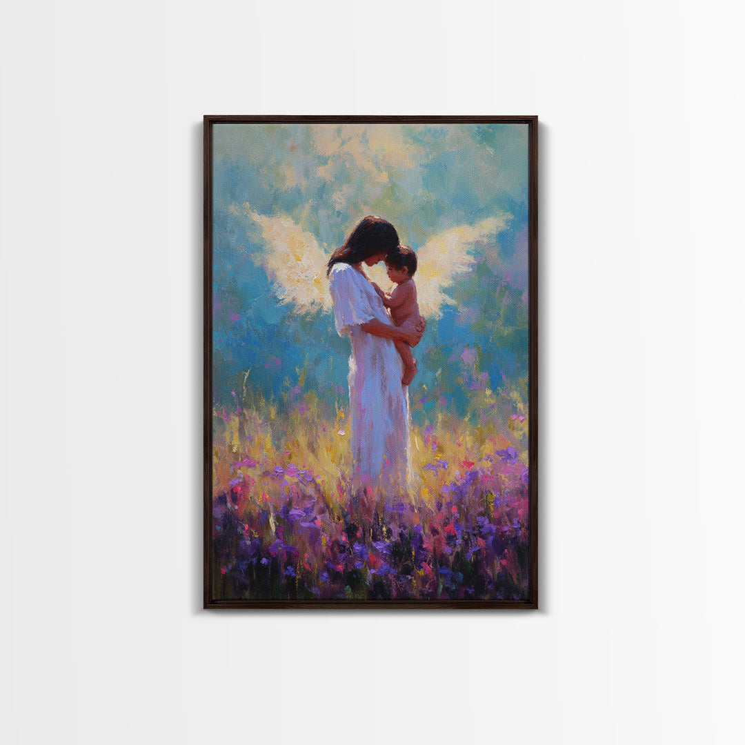 Angel Mother And Baby In Purple Wildflower Field Framed Canvas Print, Spiritual Wall Art, Nursery Decor, Gift For Mom, Baby Shower Gift
