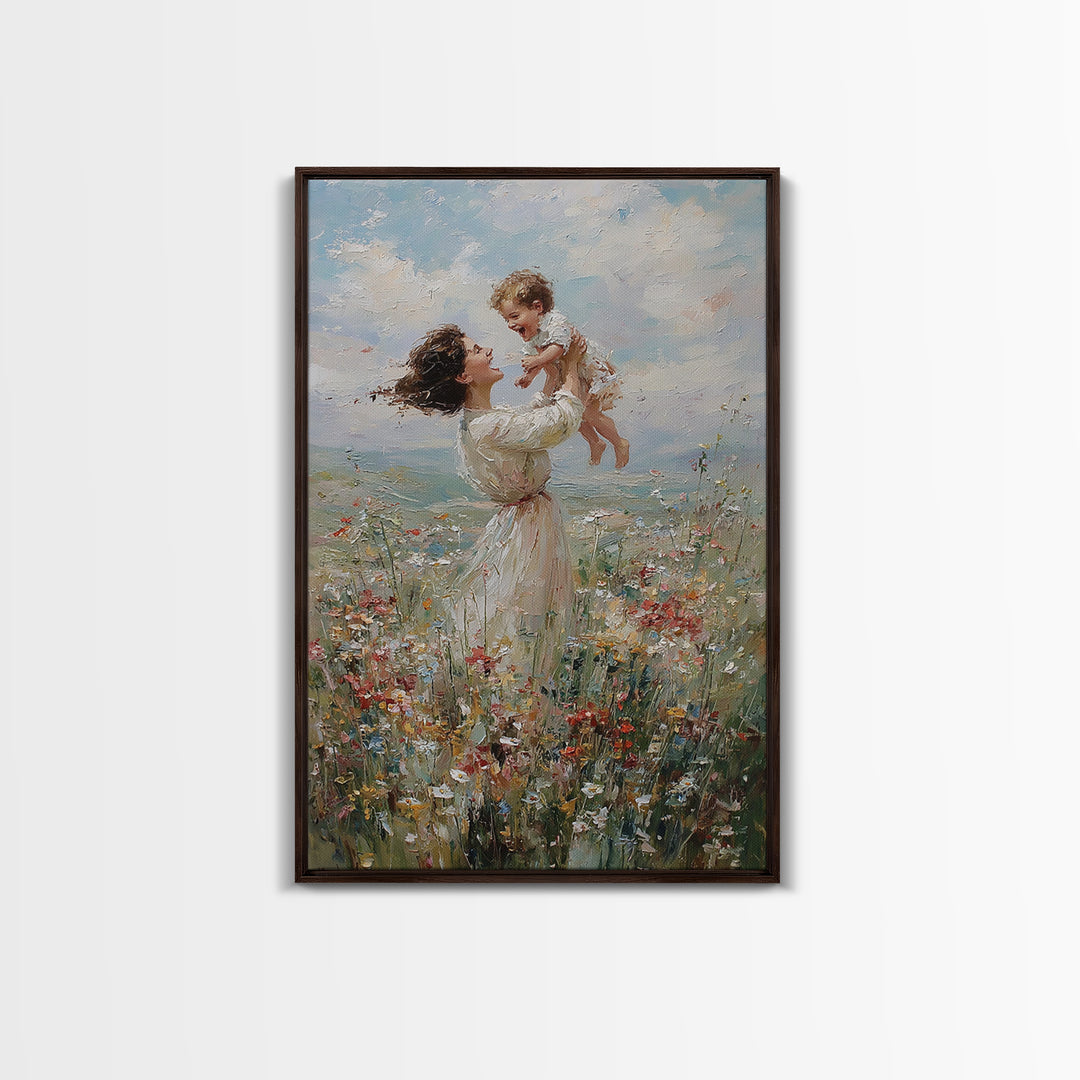 Joyful Mother Lifting Baby In Wildflower Meadow Wall Art, Impressionist Oil Painting, Nursery Decor, Gift For Mom, Living Room Art