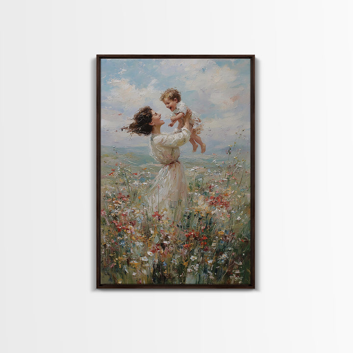 Joyful Mother Lifting Baby In Wildflower Meadow Wall Art, Impressionist Oil Painting, Nursery Decor, Gift For Mom, Living Room Art