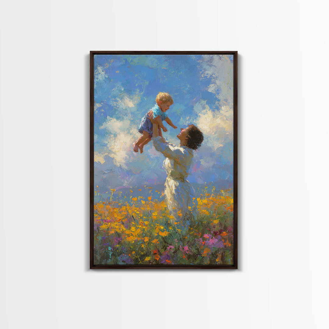 Mother Lifting Child Into Blue Sky Canvas Print, Joyful Wildflower Oil Painting, Nursery Decor, Gift For Mom, Living Room Decor