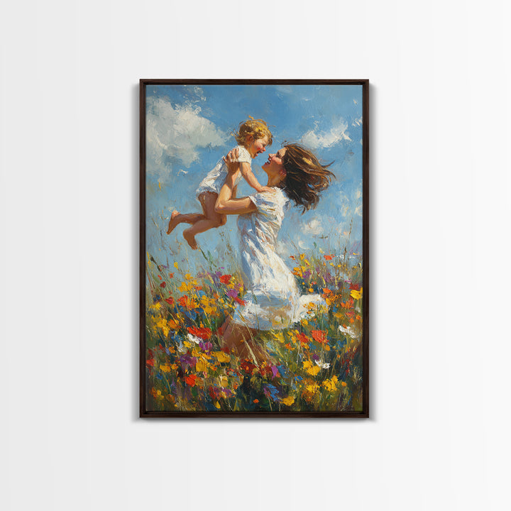 Mother And Child In Wildflower Meadow Wall Art, Impressionist Oil Painting Print, Nursery Decor, Gift For Mom, Feminine Home Decor