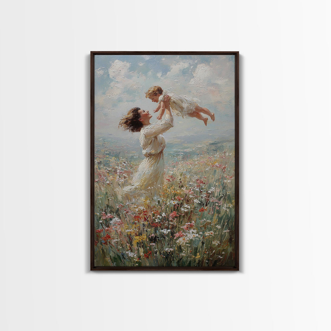 Mother Lifting Baby In Coastal Wildflowers Wall Art, Impressionist Oil Painting, Beach House Decor, Nursery Art, Gift For Her