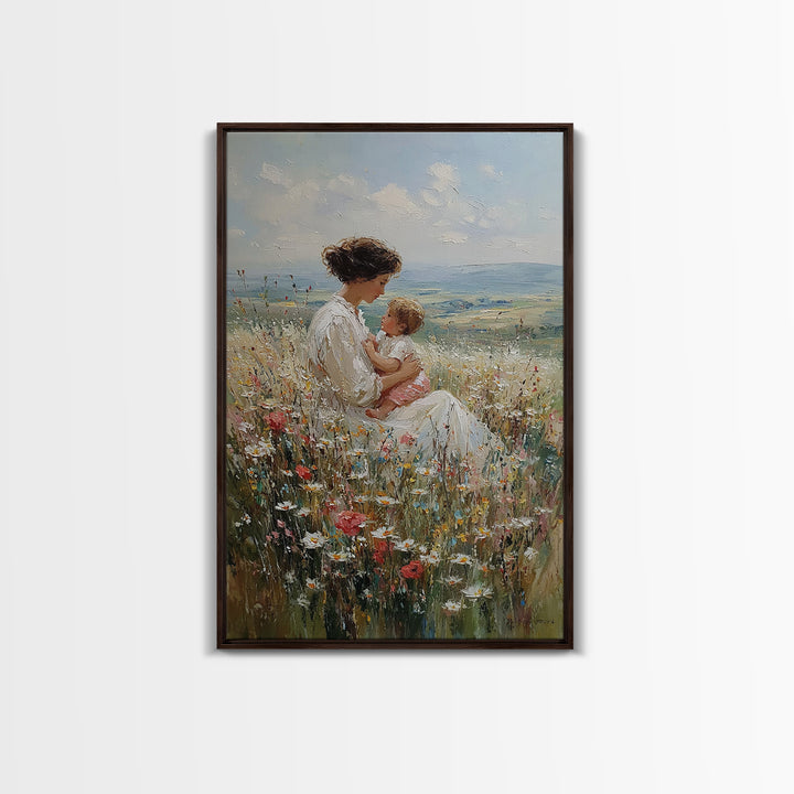 Mother And Baby In Hillside Wildflowers Framed Canvas Print, Impressionist Landscape Wall Art, Nursery Decor, Gift For Her