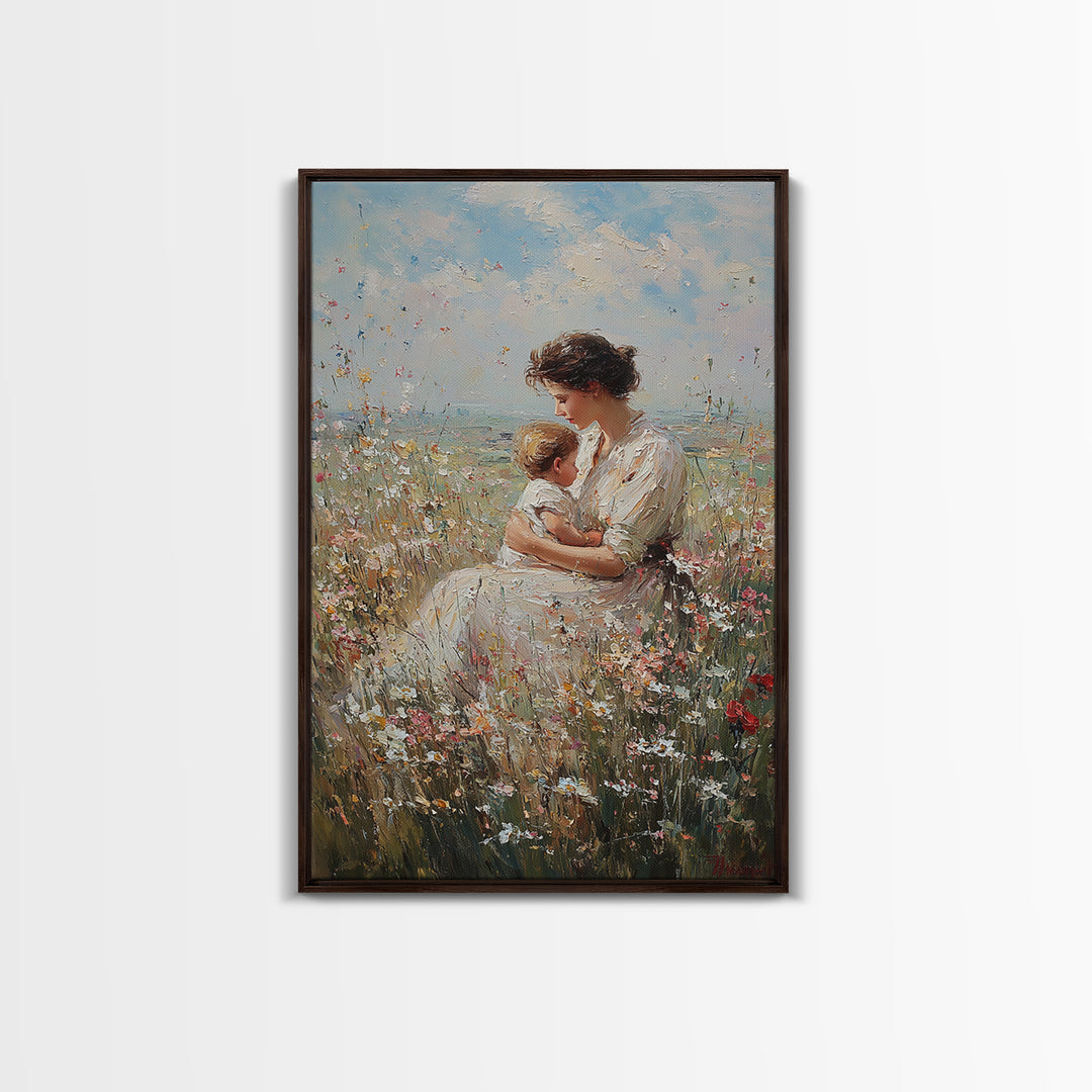 Nursing Mother And Baby In Wildflower Meadow Wall Art, Impressionist Oil Painting Print, Feminine Nursery Decor, Gift For Mom