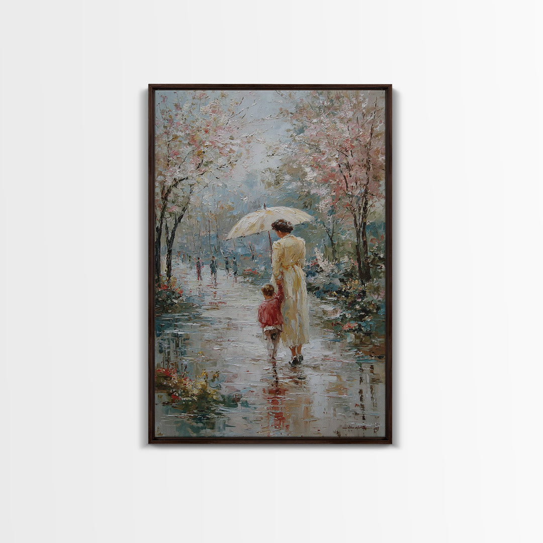 Mother And Child In Spring Rain Wall Art, Impressionist Umbrella Painting, Floral Path Canvas, Nursery And Living Room Decor