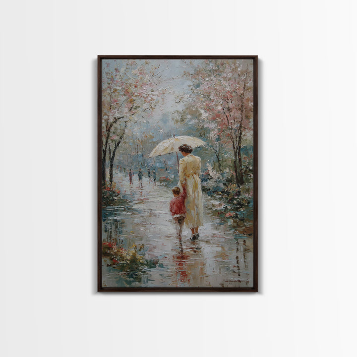 Mother And Child In Spring Rain Wall Art, Impressionist Umbrella Painting, Floral Path Canvas, Nursery And Living Room Decor