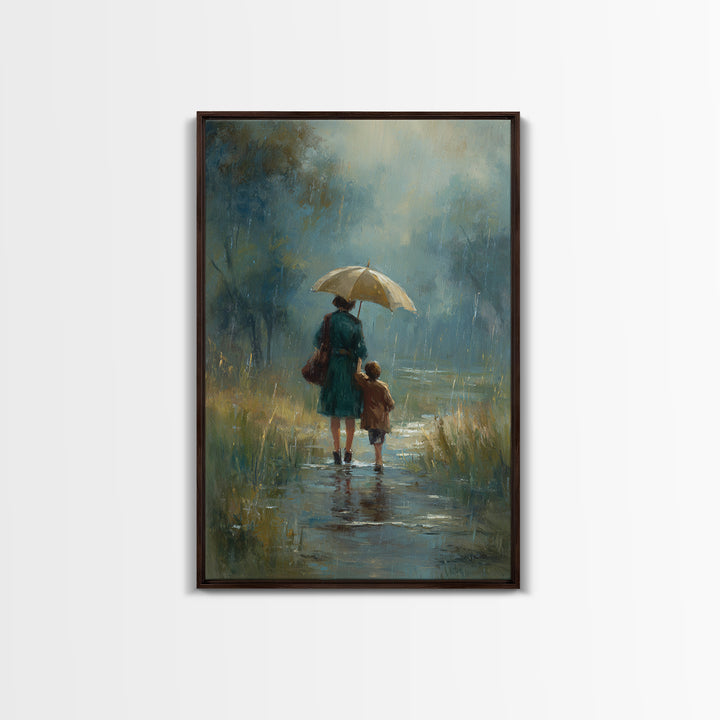 Mother And Child Rainy Pond Canvas Print, Moody Blue Impressionist Landscape Art, Umbrella Painting For Bedroom Decor, Home Decor
