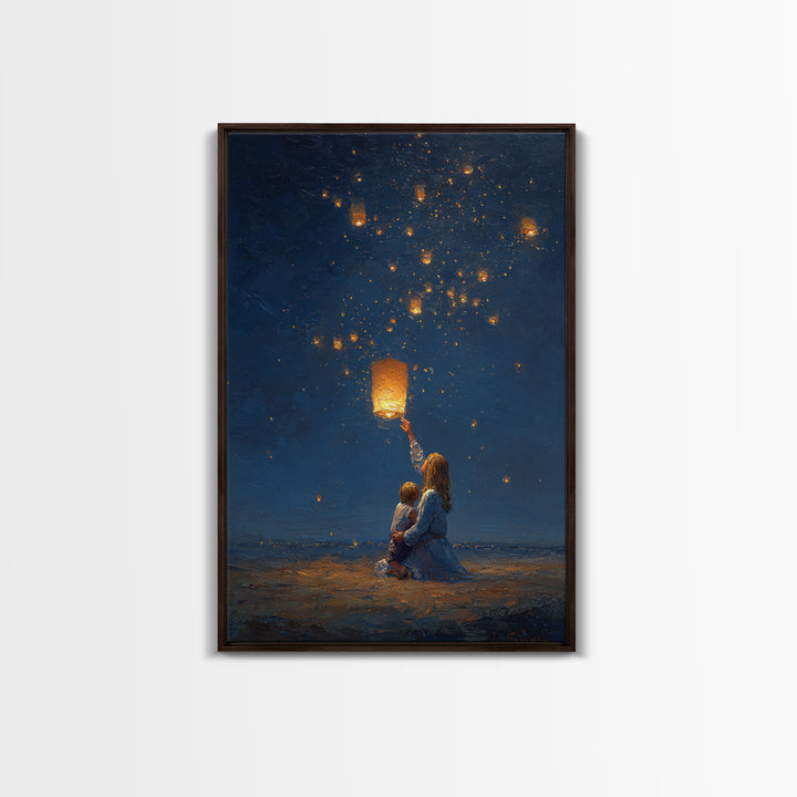 Mother And Child Releasing Sky Lantern Canvas Print, Starry Night Beach Wall Art, Celestial Nursery And Bedroom Decor Gift