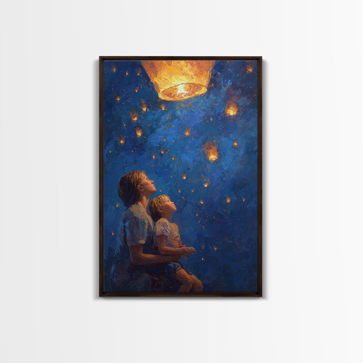Mother And Child Under Glowing Lantern Framed Canvas Print, Blue Night Sky Wall Art, Celestial Family Bedroom Decor Gift