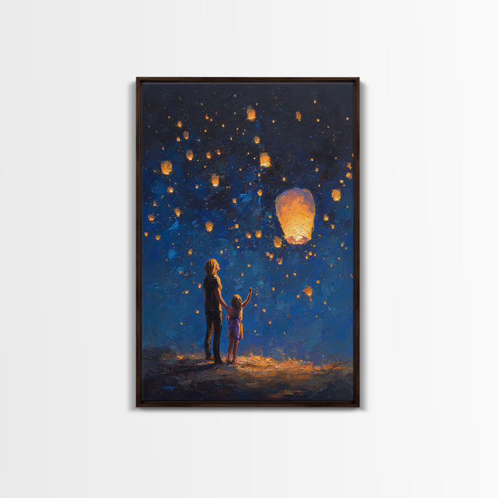 Mother And Daughter Lantern Festival Wall Art, Blue Night Celestial Canvas Print, Family Nursery Home Decor And Gift For Her