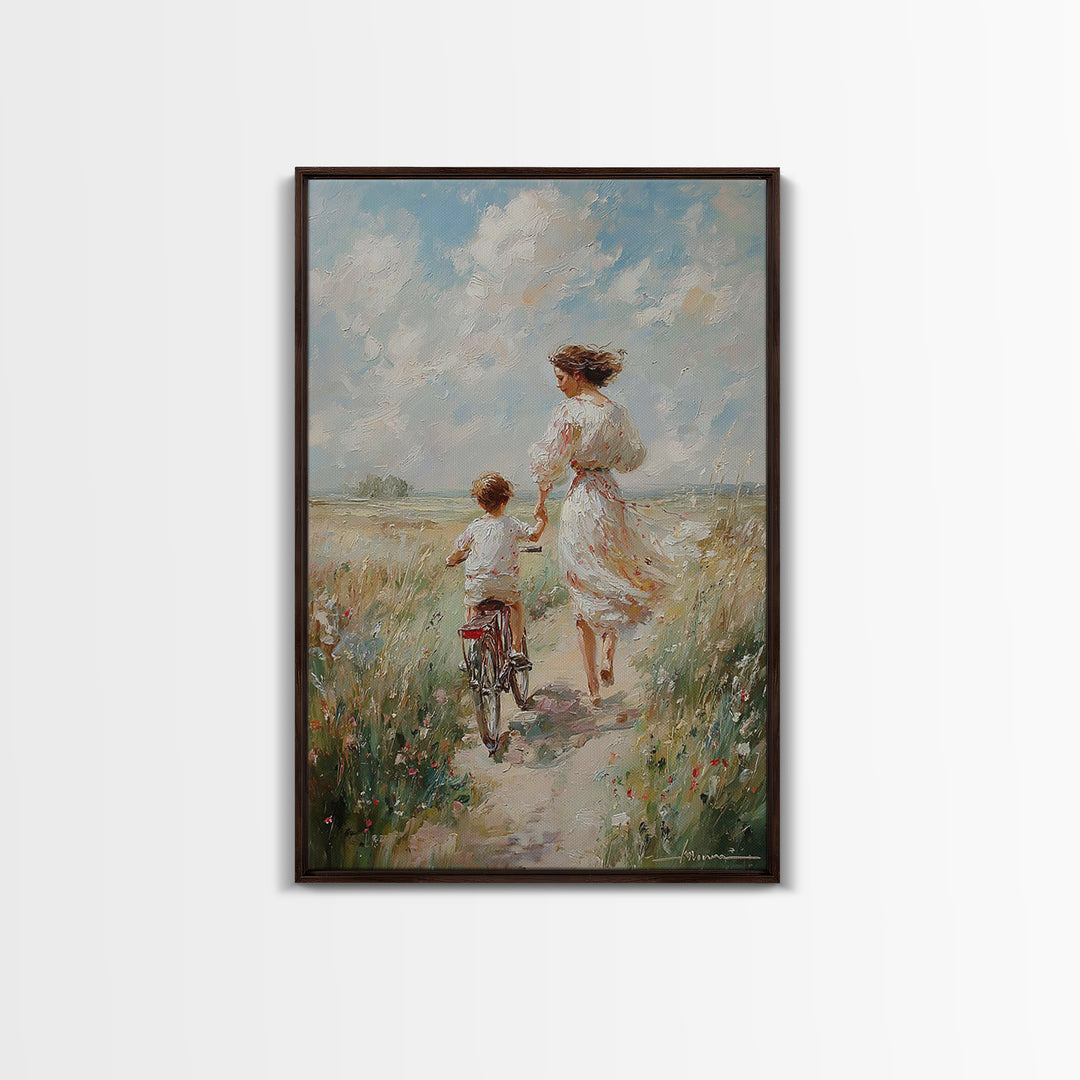 Mother In White Dress Walking With Child On Bicycle Canvas Print, Coastal Meadow Wall Art, Impressionist Family Home Decor