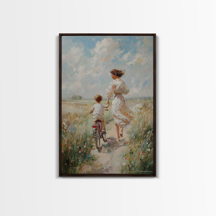 Mother In White Dress Walking With Child On Bicycle Canvas Print, Coastal Meadow Wall Art, Impressionist Family Home Decor