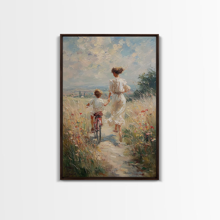 Windy Meadow Mother And Child Bike Ride Canvas Print, Coastal Landscape Wall Art, Wildflower Family Living Room Decor, Housewarming Gift
