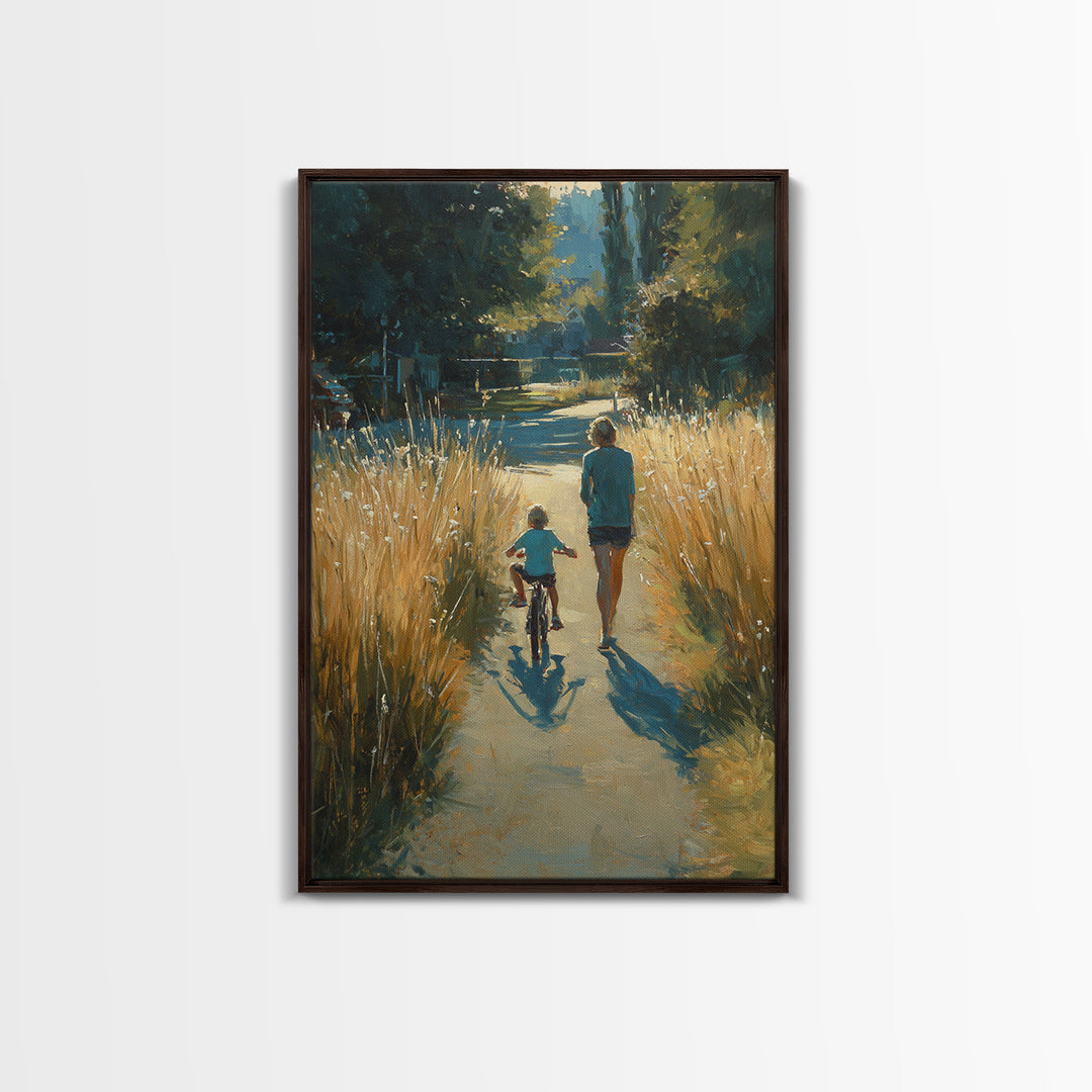 Backlit Mother And Child By Golden River Path Canvas Print, Nature Wall Art, Warm Rustic Living Room Decor, Gift For Her