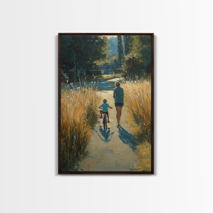Backlit Mother And Child By Golden River Path Canvas Print, Nature Wall Art, Warm Rustic Living Room Decor, Gift For Her