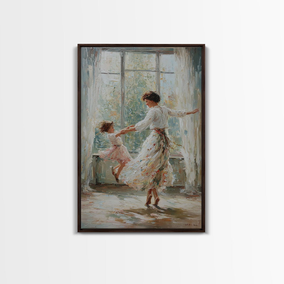 Mother And Daughter Dancing In Bright Sunlit Window Canvas Print, Impressionist Wall Art, Feminine Bedroom Decor, Gift For Mom