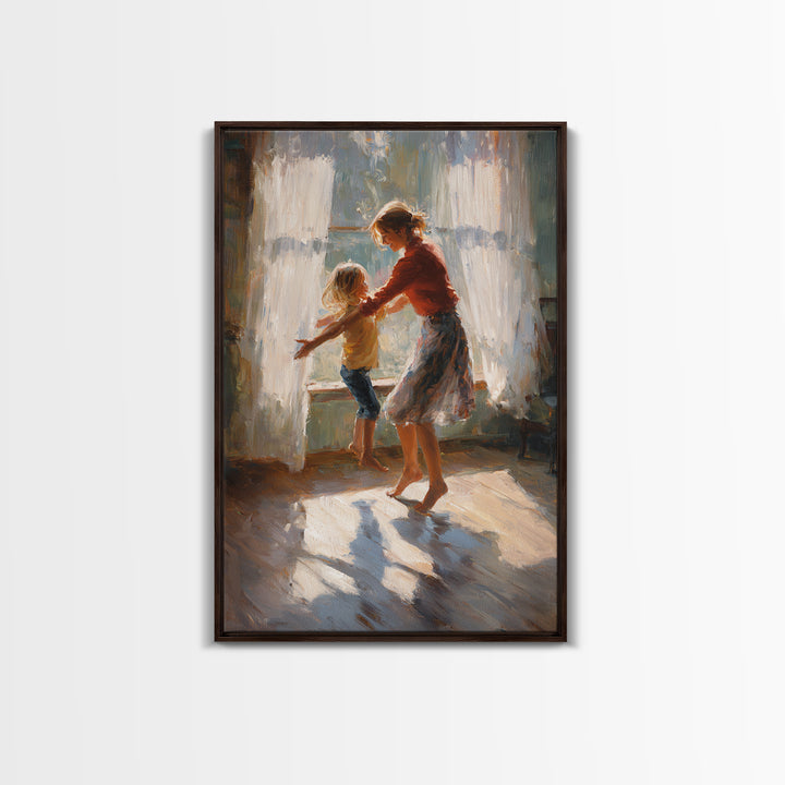 Sunlit Mother And Child Dancing By Lace Curtains Canvas Print, Impressionist Wall Art, Cozy Family Home Decor, Gift For Mom