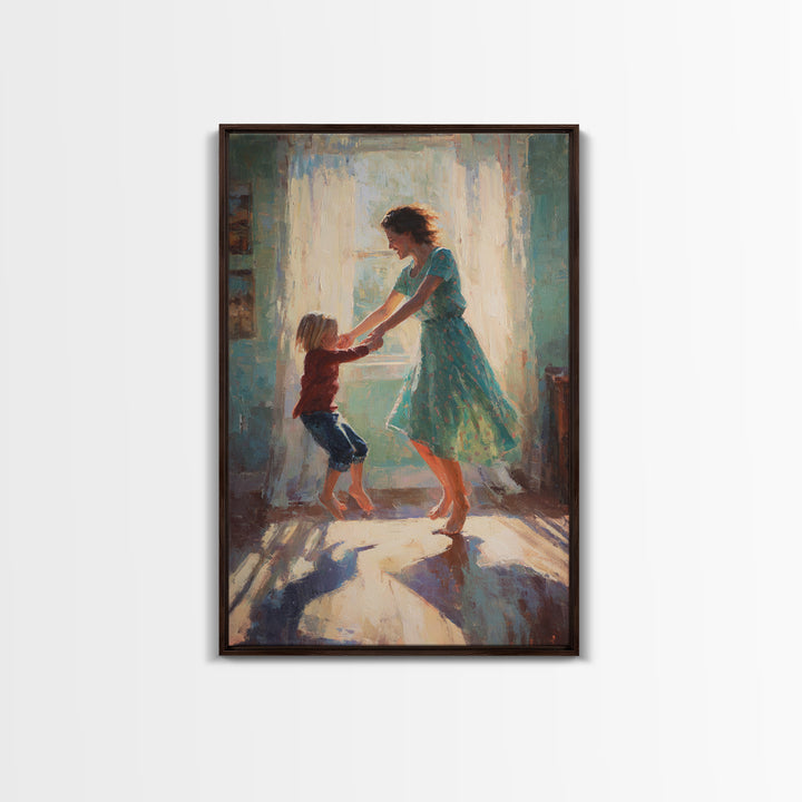 Mother And Child Dancing In Teal Dress Sunlight Canvas Print, Warm Impressionist Family Wall Art, Cozy Bedroom Decor, Gift For Her