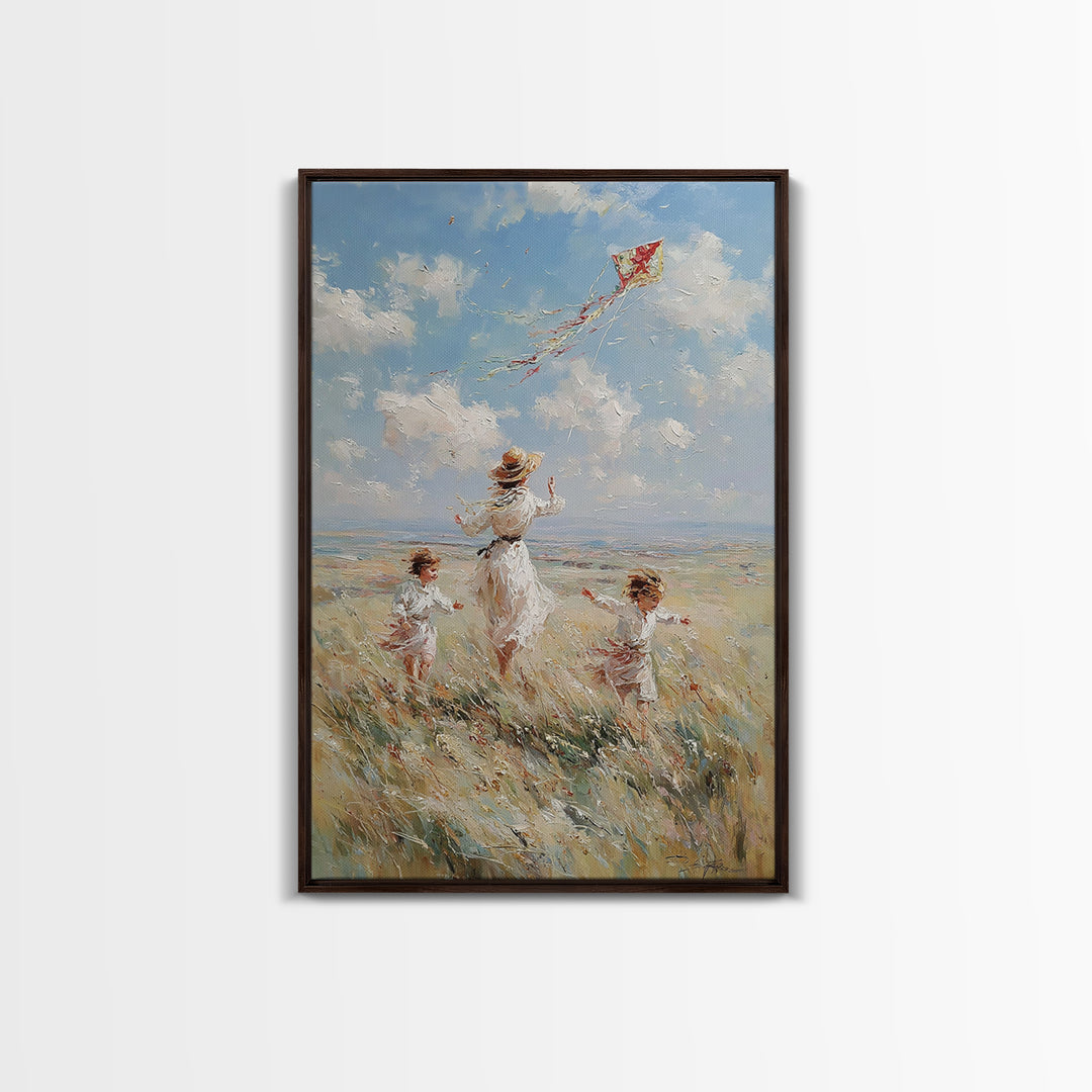 Mother And Children Flying Red Kite In Coastal Meadow Canvas Print, Whimsical Family Wall Art, Beach House Decor Gift For Her