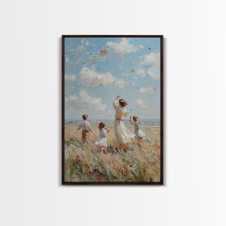 Mother And Children Flying Kite By Sea Canvas Print, Coastal Wall Art, Beach House Decor, Family Gift, Living Room Decor