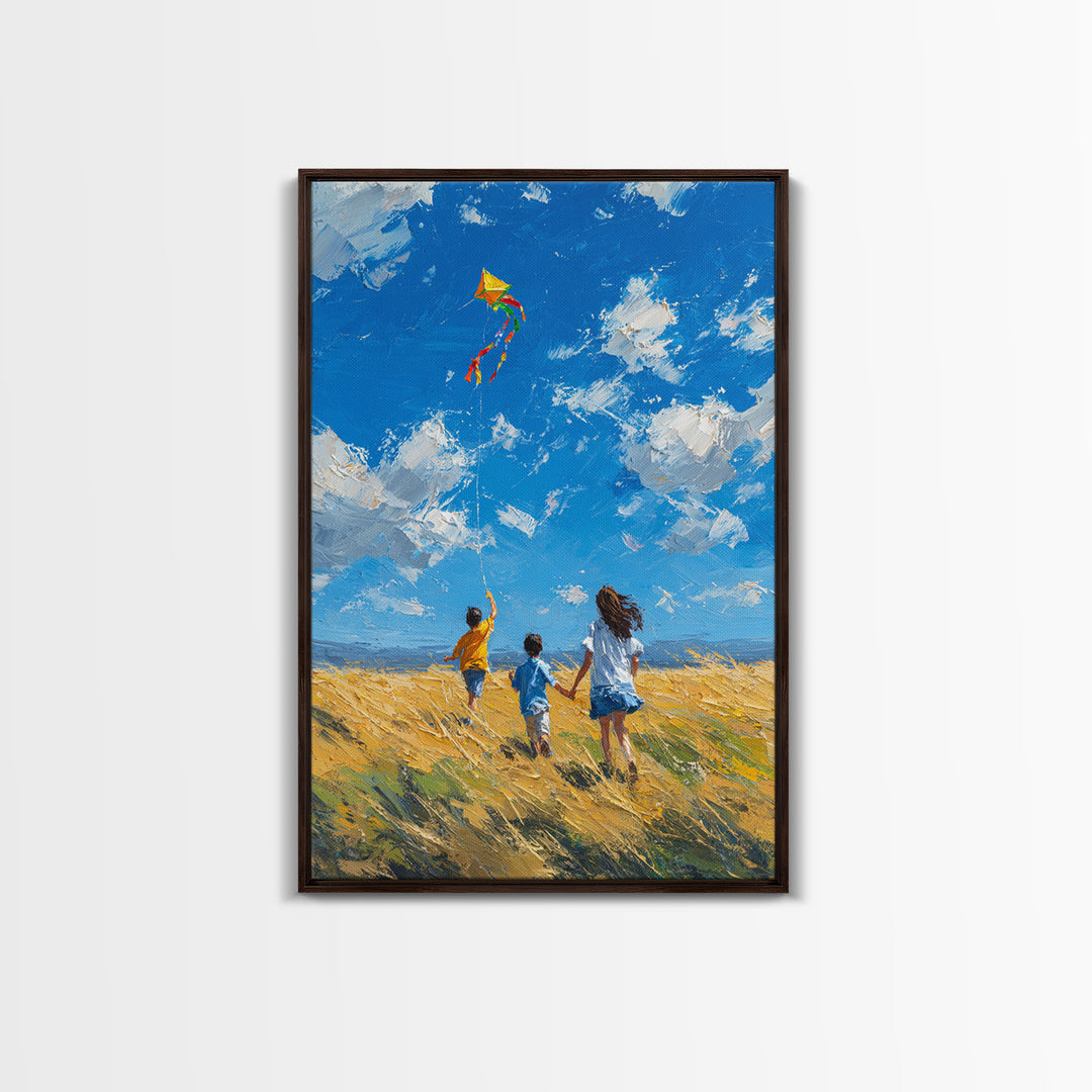 Children Chasing Bright Kite In Golden Field Framed Canvas Print, Colorful Wall Art, Summer Landscape, Kids Room Decor Gift