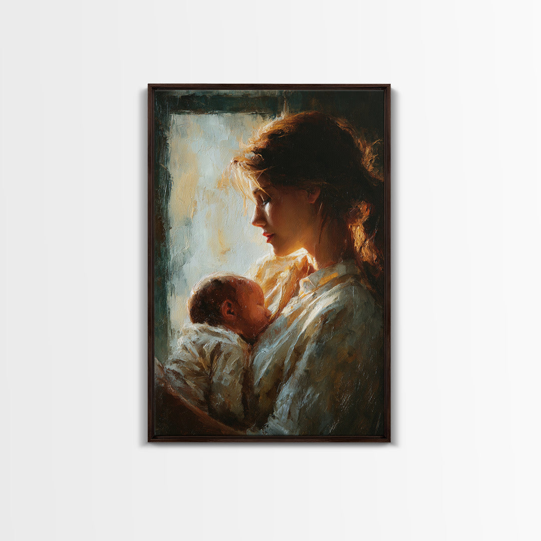 Backlit Mother Cradling Newborn By Window Framed Canvas Print, Romantic Wall Art, New Mom Gift, Moody Bedroom Decor Print