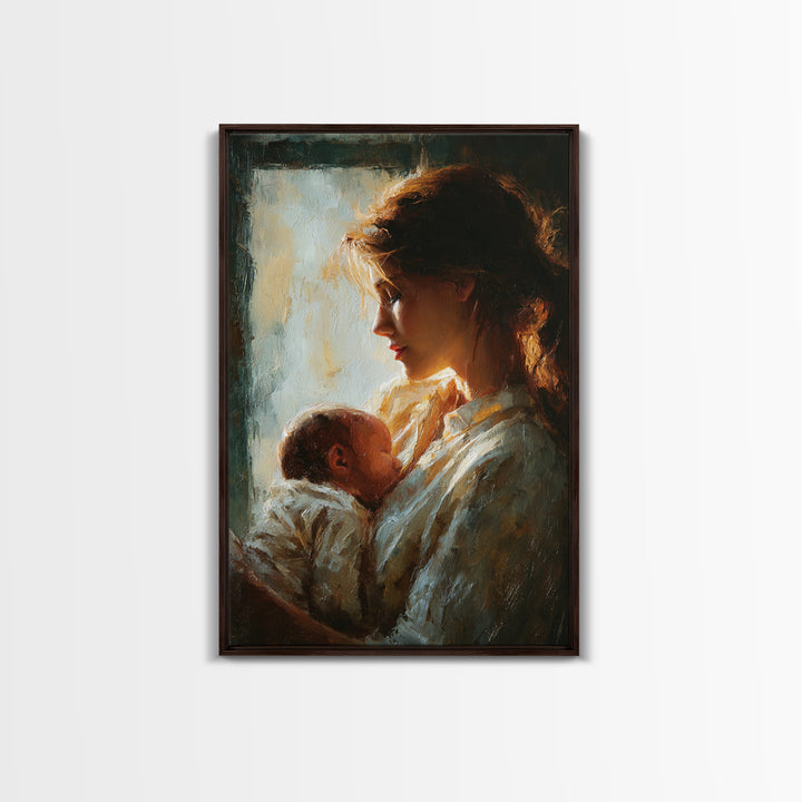Backlit Mother Cradling Newborn By Window Framed Canvas Print, Romantic Wall Art, New Mom Gift, Moody Bedroom Decor Print