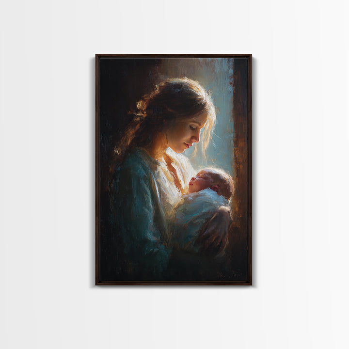 Radiant Mother Gazing At Newborn In Shadow Canvas Print, Moody Wall Art, Spiritual Gift, Nursery Decor, New Mom Gift Print