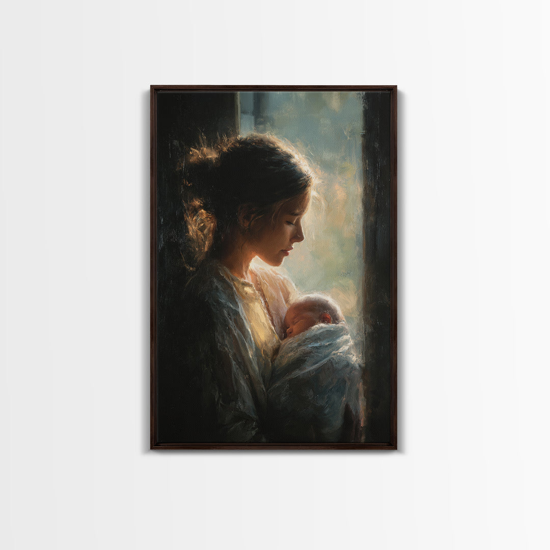 Soft Profile Mother With Sleeping Baby In Window Light Canvas Print, Moody Wall Art, New Mom Gift, Feminine Bedroom Decor