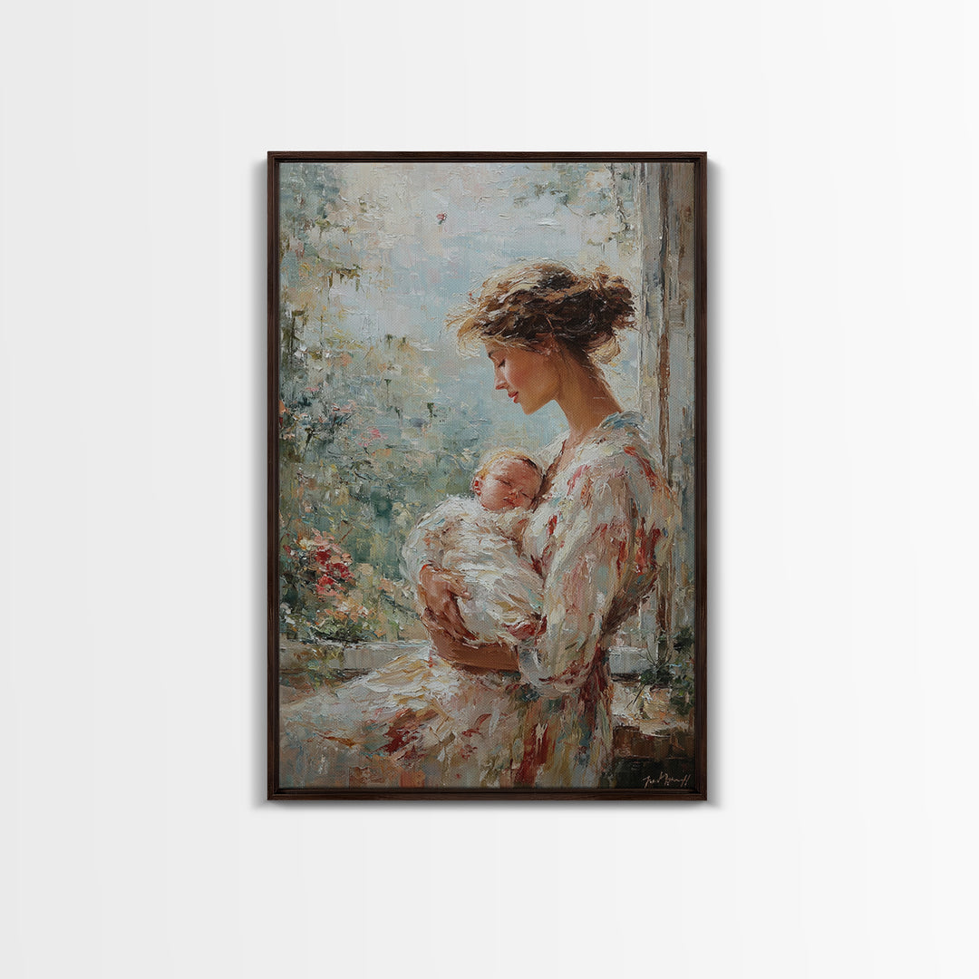 Mother Cradling Newborn Beside Blooming Window Framed Canvas Print, Feminine Wall Art, Nursery Decor, New Mom Gift, Bedroom Decor