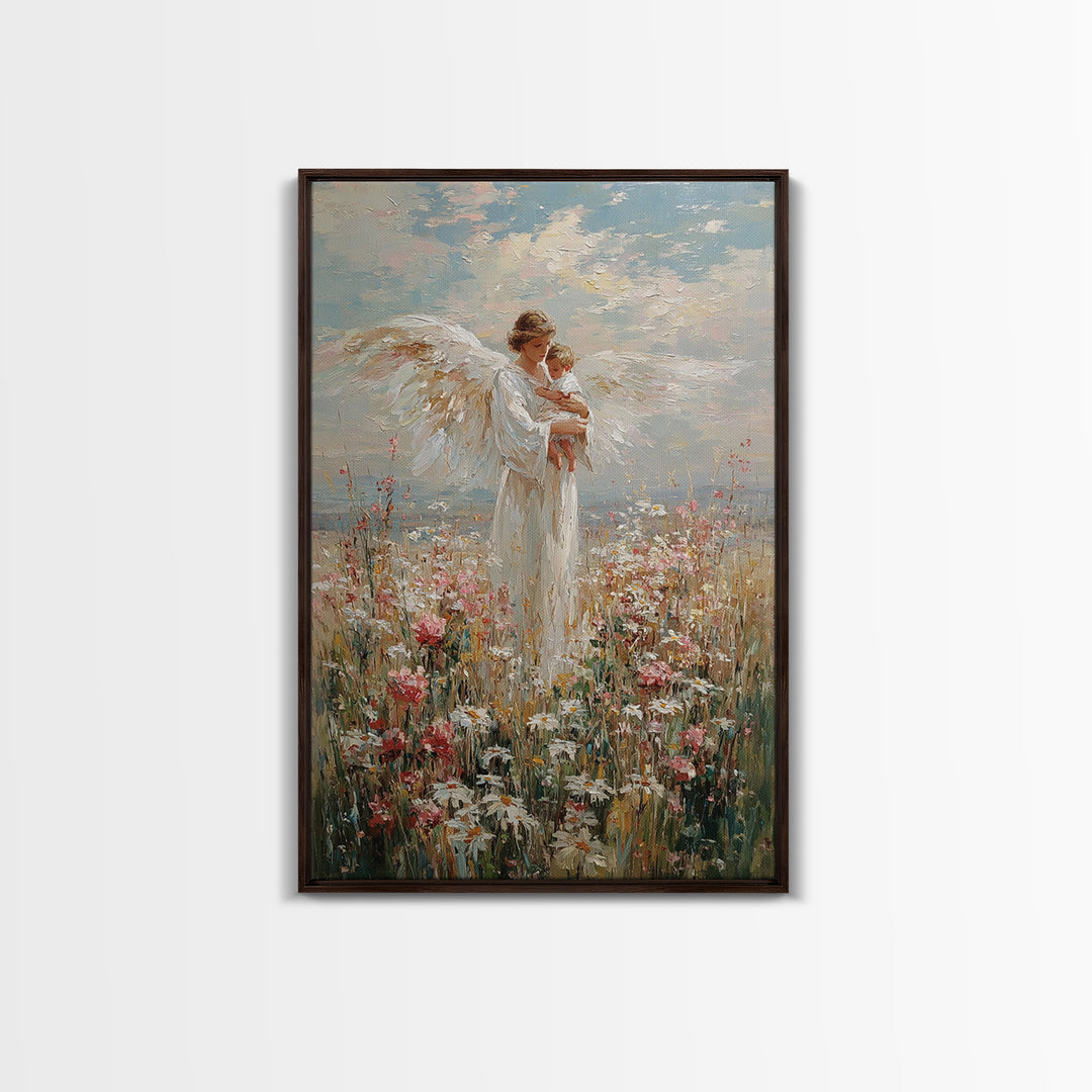 Guardian Angel Holding Baby In Wildflower Meadow Wall Art, Christian Nursery Decor, Motherhood Gift, Framed Fine Art Print
