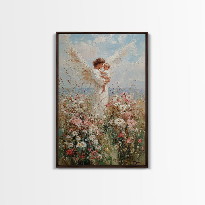 Angel Mother Holding Toddler Among Daisies Canvas Print, Christian Wall Art, Floral Nursery Decor, Gift For Mom, Home Decor