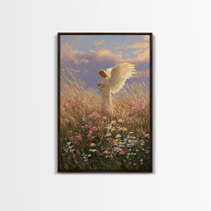 Golden Winged Angel With Infant At Sunset Wall Art, Christian Bedroom Decor, Floral Canvas Print, Spiritual Gift For Her