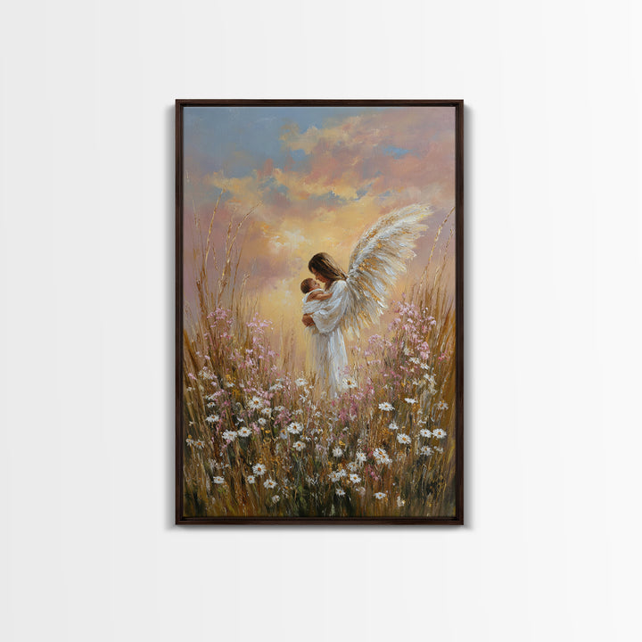 Angel Mother And Baby In Sunset Wildflowers Framed Canvas Print, Christian Wall Art, Nursery Decor, Motherhood Gift, Home Decor